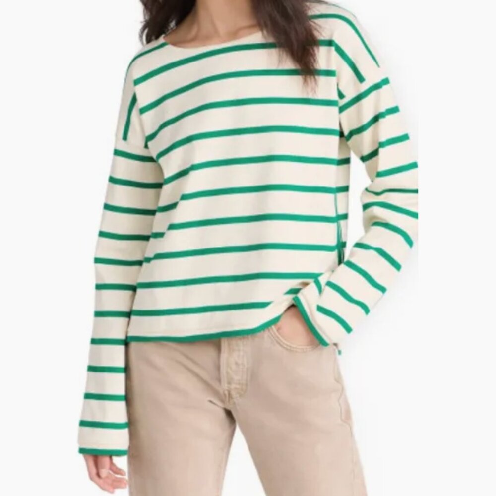 La Ligne Breton Long Sleeve Tee Kelly Green and Ecru Stripe Small